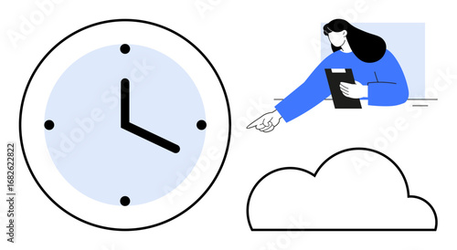 Clock highlighting time, woman pointing while holding clipboard, and cloud. Ideal for productivity, planning, work strategy, remote work, teamwork, scheduling simple landing page