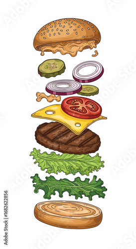 Delicious burger ingredients exploded view showing fresh produce and seasoned patty