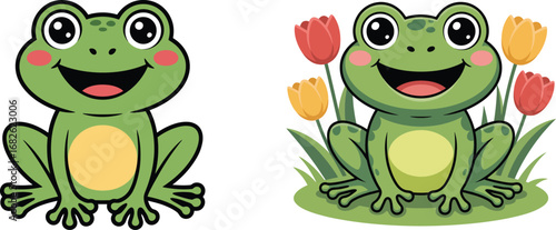 Cheerful Green Frog Illustration with Tulips and Happy Expression for Childrens Books and Nature Education Material a Cute Cartoon Character