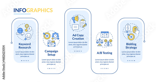 Creating sem campaign rectangle infographic vector. Finance management, budgeting. Data visualization with 5 steps. Editable rectangular options chart. Lato-Bold, Regular fonts used