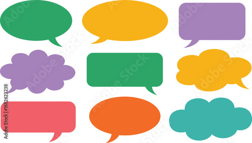 Colorful speech bubbles collection offering diverse shapes and vibrant colors ideal for adding visual flair to your creative communication designs and social media campaigns