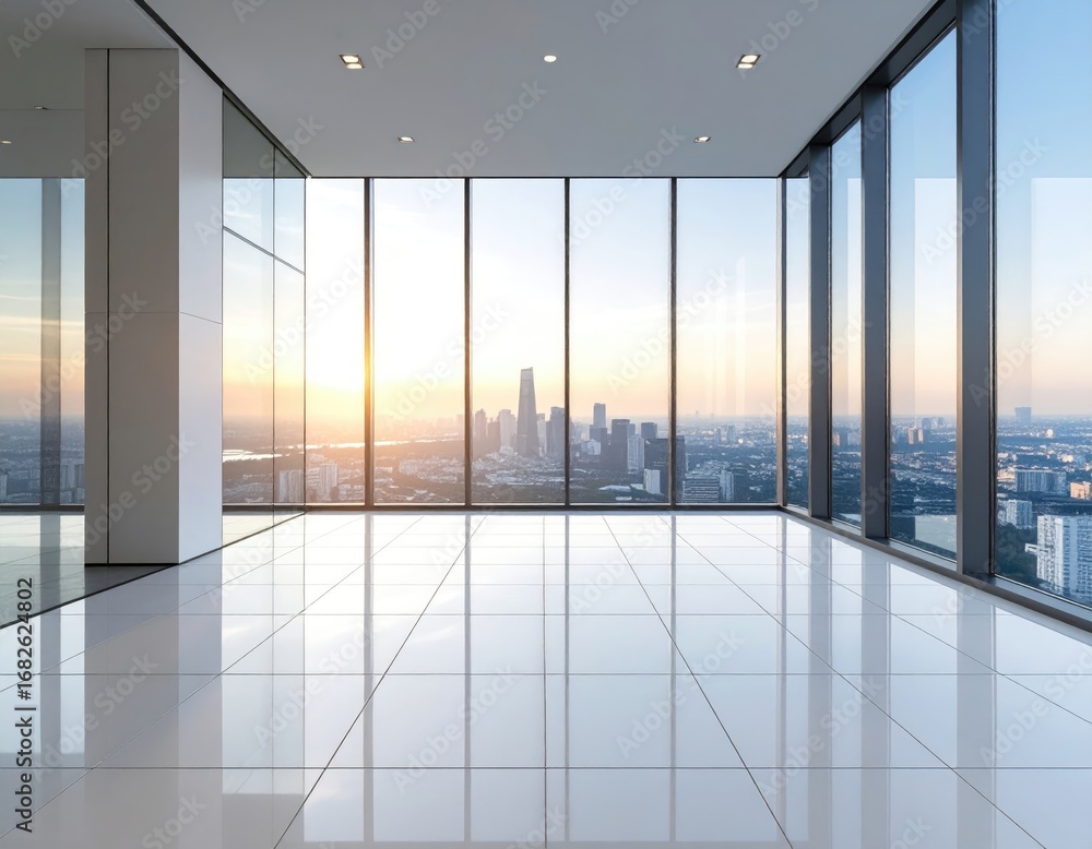 Fototapeta premium Bright, empty room with floor-to-ceiling windows showing a distant cityscape at sunrise/sunset. The light is soft, reflected on the polished floor
