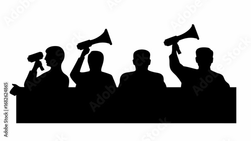 Silhouette of people protesting with megaphones and holding a banner in a black and white design | editable eps vectors