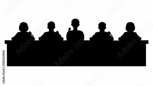 Silhouette of a panel of five people sitting behind a table with microphones in a black and white image | editable eps vectors