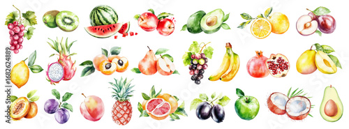 watercolor tropical fruits slice kiwi, watermelon, apple, peach, orange, banana, lemon, mango, avocado, coconut, grape, pineapple, pomegranate with green leaves illustration fruits clip art