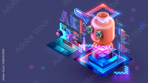 Neural networks for children. teaching children how to write prompts for neural networks. AI or artificial intelligence for children education. AI toy robot with AI is connected to a child laptop.