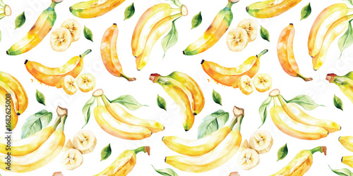watercolor banana fruit seamless pattern, whole and halved hand drawn illustration wallpaper background