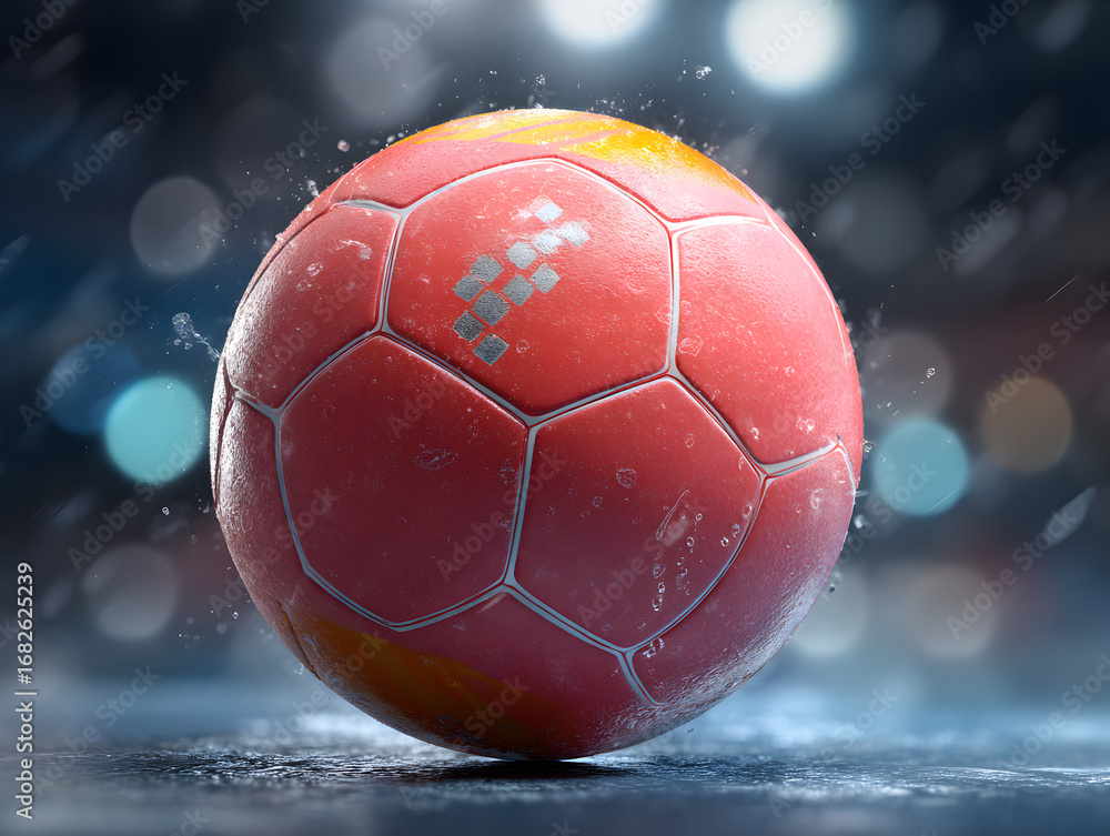 Naklejka premium Red soccer ball with water droplets in the rain
