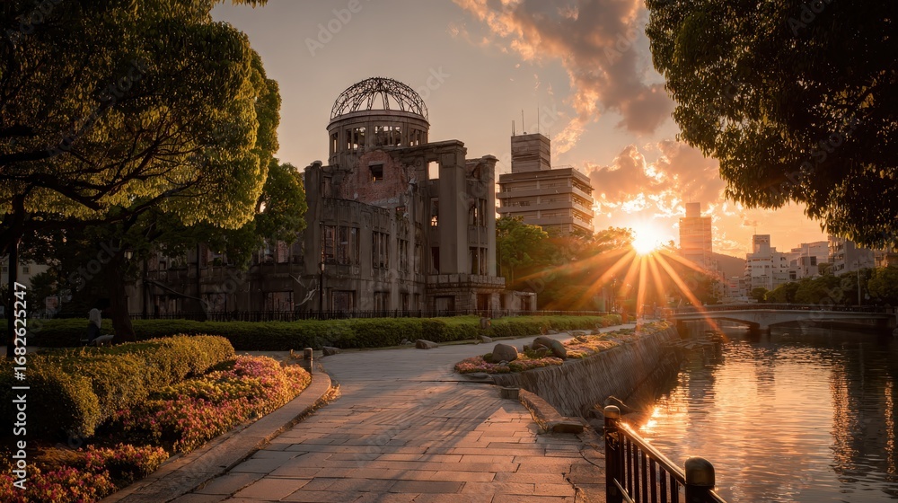 Obraz premium Dusty brown and golden sun rays, Hiroshima Peace Memorial at dawn, historical photo realism, reflective mood, off-center depth focus