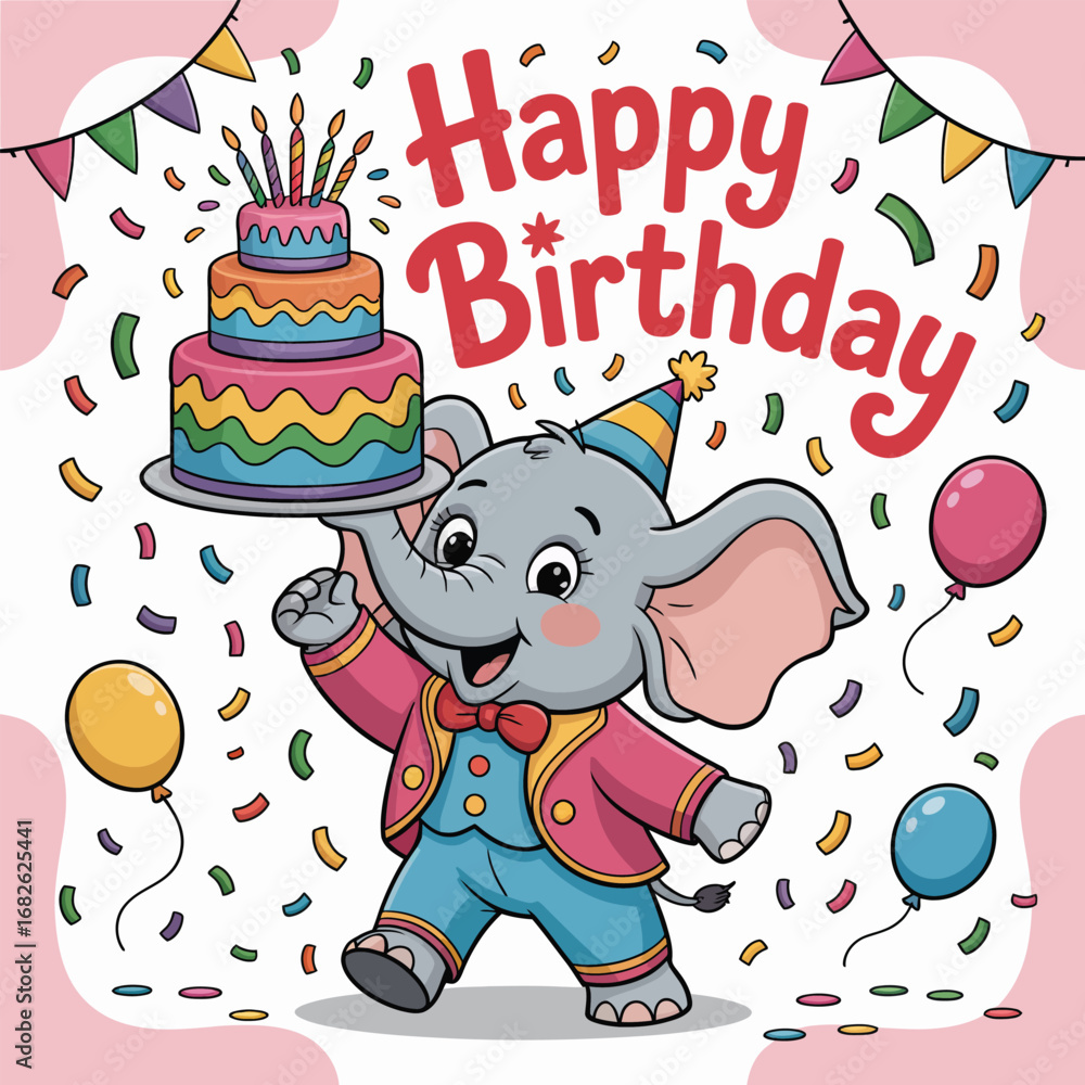 Naklejka premium Happy Birthday Elephant with Rainbow Cake and Balloons on White Background birthday cake