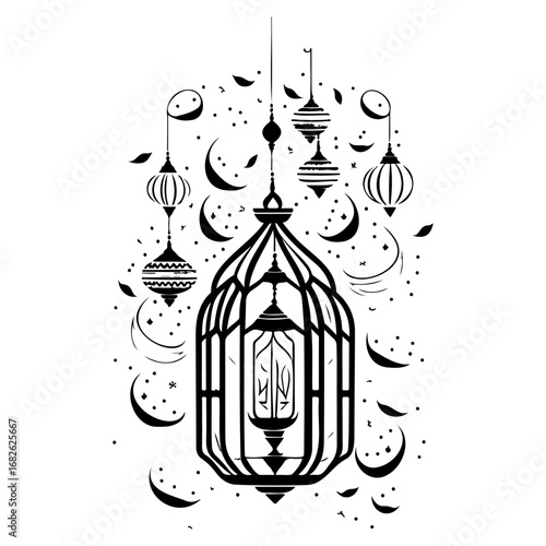 Detailed hanging lanterns with intricate designs creates a festive islamic and ramadan kareem