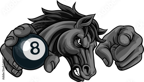 Horse mustang bronco stallion angry pool billiards sports team mascot holding a ball.