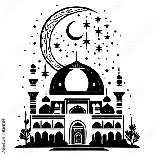 Detailed illustration of a serene mosque silhouette under a starry crescent moon night evoking