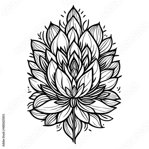 Detailed line art drawing of a stylized blossoming flower design against a plain backdrop evoking