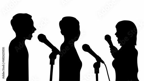 Silhouettes of people speaking into microphones at a press conference or public speaking event shown in black | editable eps vectors