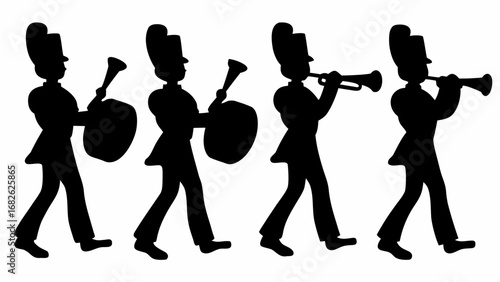 Silhouette of marching band members playing instruments in a parade formation on a white background scene | editable eps vectors