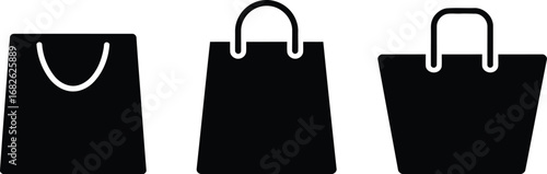 Three shopping bags showcasing different styles and shapes representing retail commerce and consumerism with a clean and modern black and white design aesthetic