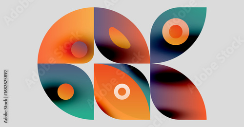 Abstract geometric shapes overlap, creating vibrant color gradients. Composition feels modern, dynamic, visually appealing.