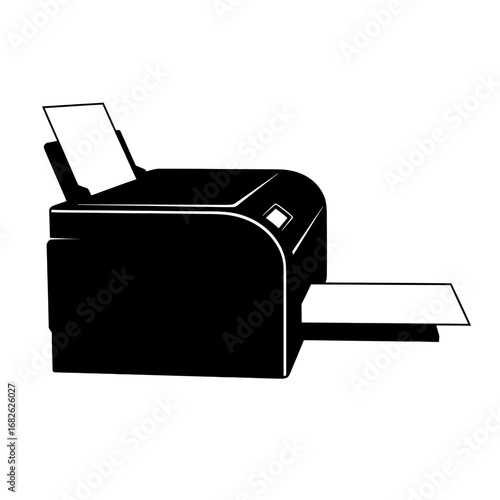 Black silhouette of a modern office printer with paper loaded and ready to print.