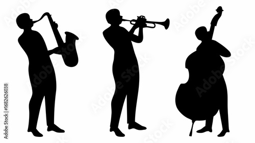 Silhouetted musicians playing jazz instruments including saxophone trumpet and double bass performing music | editable eps vectors