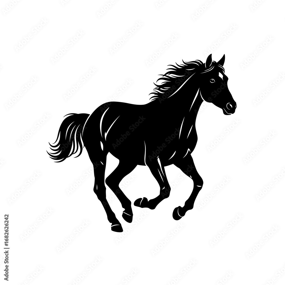 Fototapeta premium A striking black silhouette of a galloping horse with its mane flowing in the wind, captured in a dynamic side profile against a white background.