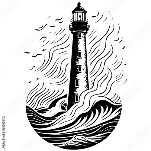 Detailed monochrome lighthouse illustration amidst turbulent ocean waves and soaring birds against