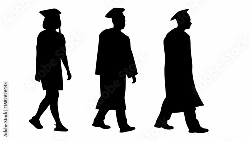 Silhouette of three graduates walking in graduation gowns and caps on a white background in side view | editable eps vectors