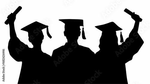 Silhouettes of three graduates in caps and gowns holding diplomas celebrating their academic achievement | editable eps vectors