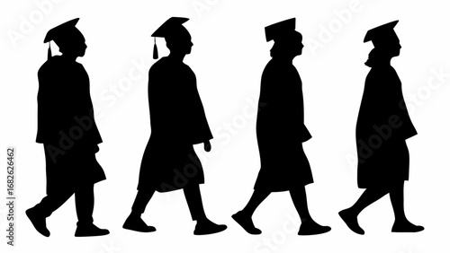 Silhouettes of four graduates walking in graduation gowns and caps in a row against a white background | editable eps vectors
