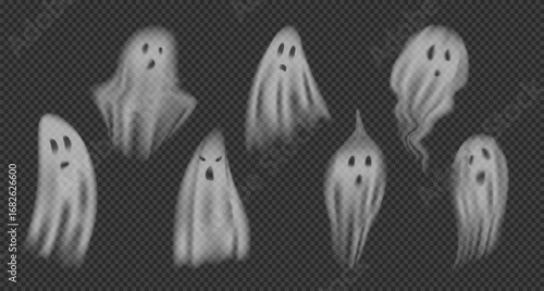 Realistic Halloween ghosts set. 3d scary flying phantoms. Transparent white ghoul or spirit silhouettes with spooky faces. Horror holiday nightmare shadows, foggy figures for poster banner card
