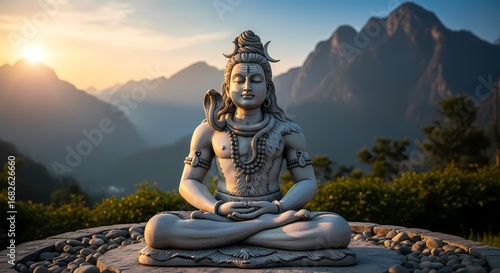 A meditating statue of Lord Shiva in a calm outdoor setting during sunset with mountains in background.
