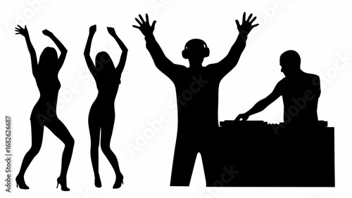 Silhouettes of two women dancing with a dj raising his hands and another dj at the turntable | editable eps vectors