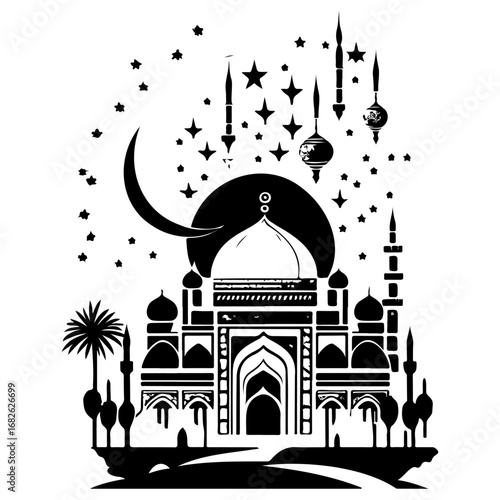 Detailed silhouette of grand mosque under starry crescent night evoking calm spiritual