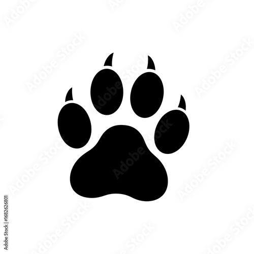 Black paw print with visible claws on a white background, representing an animal's footmark.