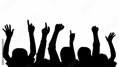 Silhouette illustration of crowd with raised hands and arms in the air against a white background scene | editable eps vectors