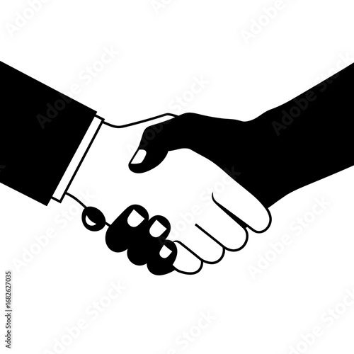 Black and white illustration of two hands, one light and one dark, shaking in a gesture of agreement, unity, or partnership.