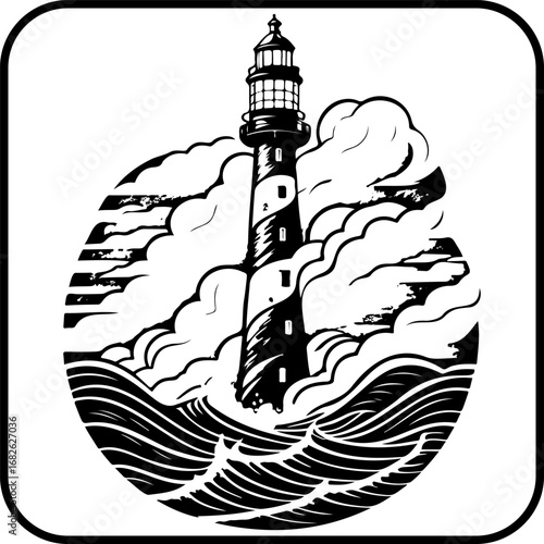 Dramatic coastal beacon standing tall against crashing waves within swirling clouds illustrated