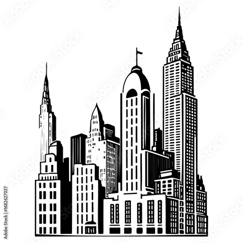 Dramatic cityscape monochrome illustration showcasing iconic architectural landmarks in a stylized
