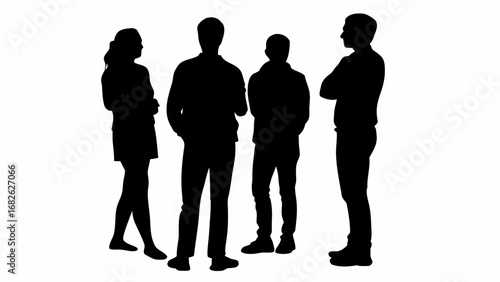 Silhouette of four people standing and talking to each other in a group on a white background image view | editable eps vectors