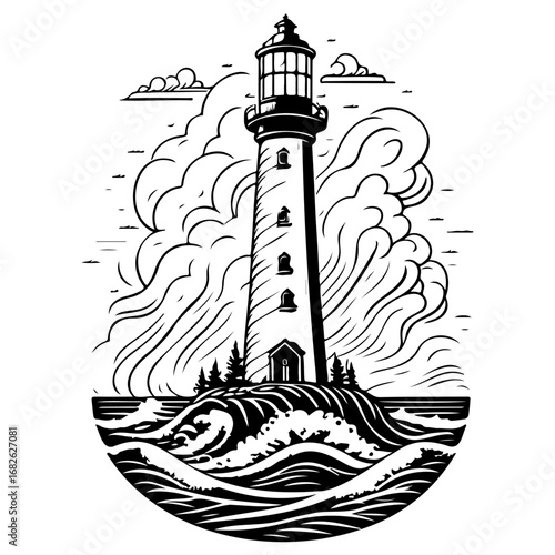Dramatic coastal sentinel lighthouse illustration against stylized ocean waves and abstract cloudy
