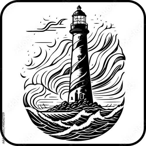 Dramatic monochrome lighthouse illustration standing tall against the turbulent sea water and