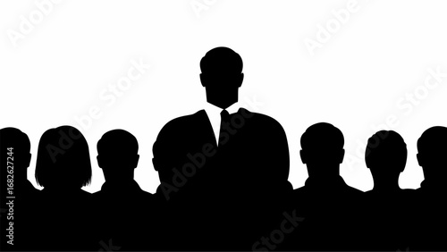 Silhouette of a man in a suit standing in front of a crowd of people in black and white style design | editable eps vectors