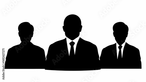 Three silhouetted figures in suits standing together against a white background in a formal setting | editable eps vectors