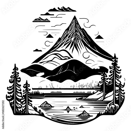 Dramatic mountain peak reflected across serene lake amid towering trees and scattered clouds