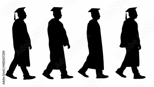 Silhouettes of four graduates in gowns and caps walking in a line on a white background graduation ceremony | editable eps vectors