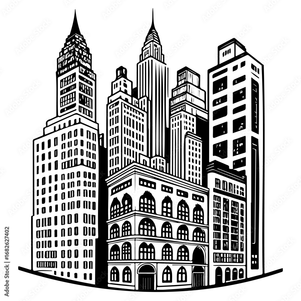 Naklejka premium Dynamic skyline composition showcasing various architectural styles, tall buildings, and urban