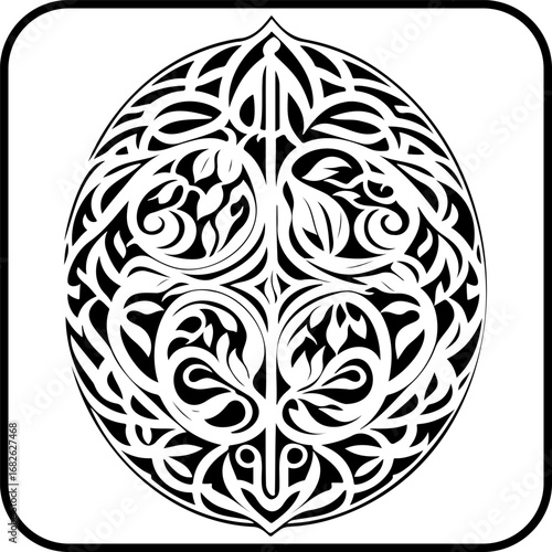 Elaborate abstract floral decorative design within an oval frame showcasing intricate linework and