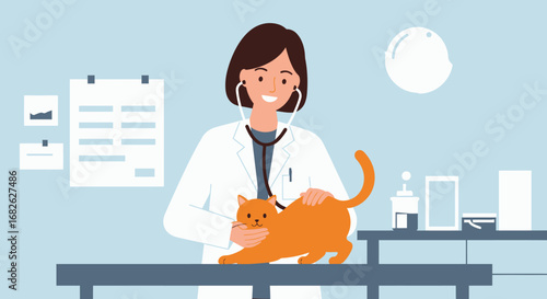 Veterinarian Examining Orange Cat with Stethoscope in Clinic.