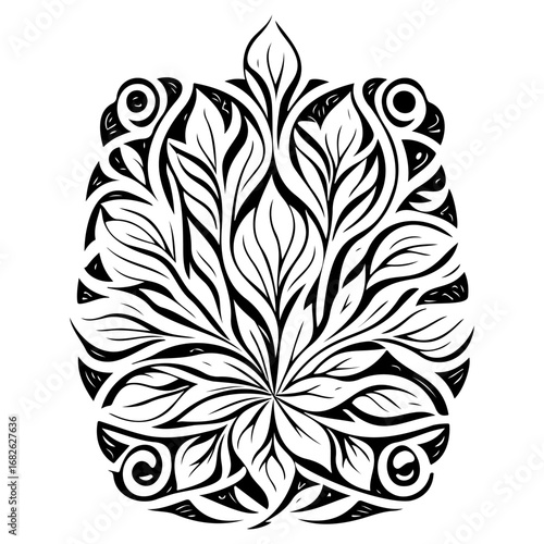 Elaborate botanical drawing with stylized leaf patterns forms an intriguing organic motif