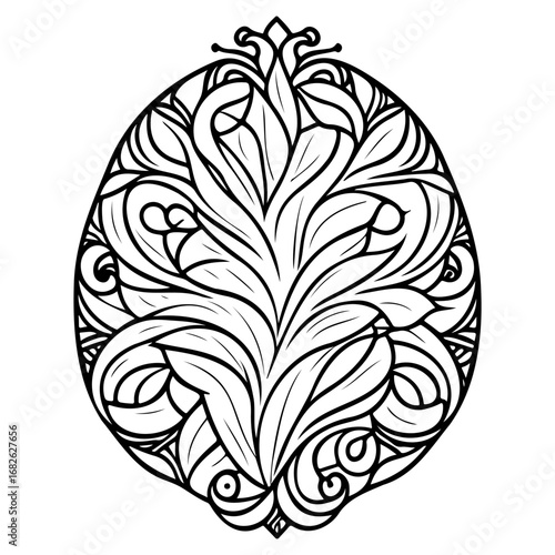 Elaborate botanical illustration in an oval shape showing natural elegance and artistic complexity